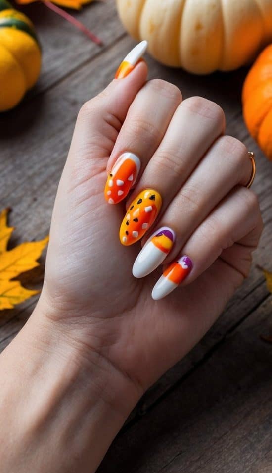 A colorful array of candy corn-inspired nail designs displayed on a rustic wooden table surrounded by autumn leaves and pumpkins