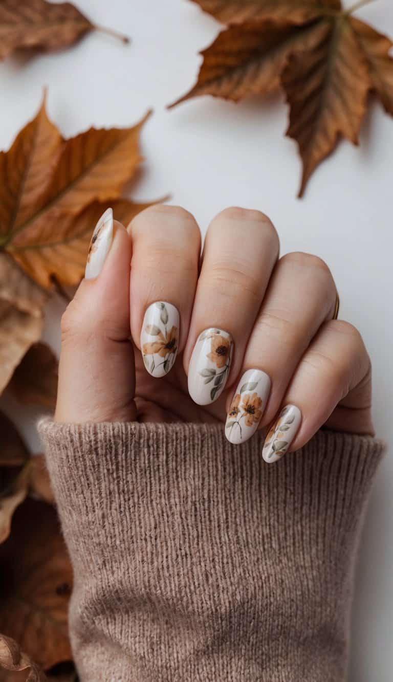 A close-up of elegant fall nails featuring a soft nude base with dainty orange floral designs and muted green leaves, adding a whimsical seasonal touch.
