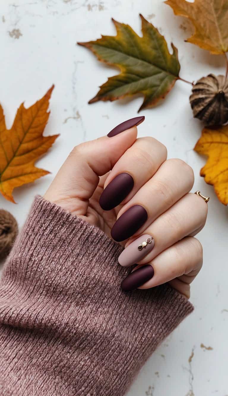 A rich burgundy matte nail polish on a rustic background with autumn leaves and cozy sweaters