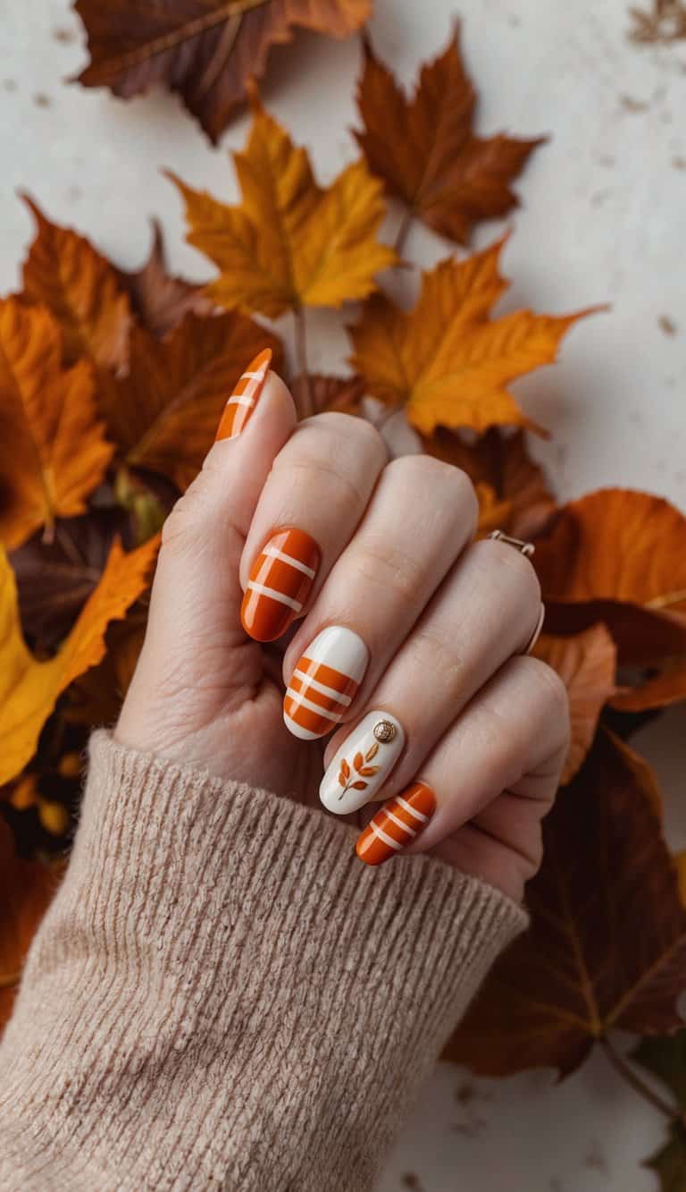 A cozy fall scene with burnt orange stripes on a rustic background, surrounded by autumn leaves and warm hues
