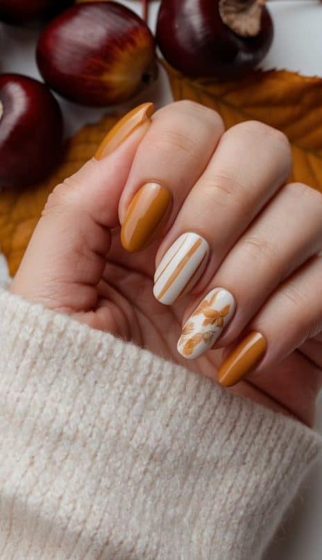 A fall-inspired manicure with mustard-colored nails, white accent nails adorned with delicate brown leaf patterns, and subtle vertical stripes for a rustic and chic seasonal look.