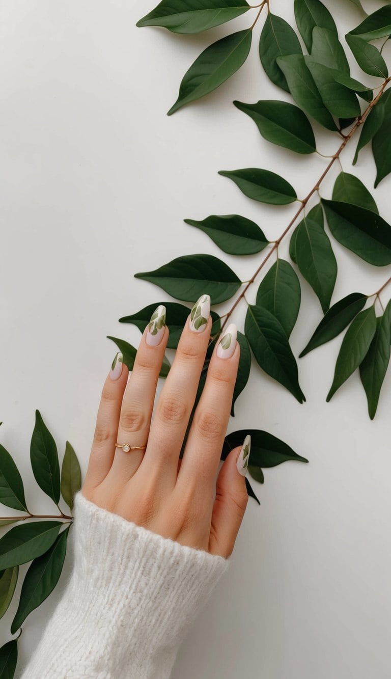 A fall-inspired manicure with a neutral nude base and delicate green leaf accents, blending minimalism with an elegant, nature-infused look.