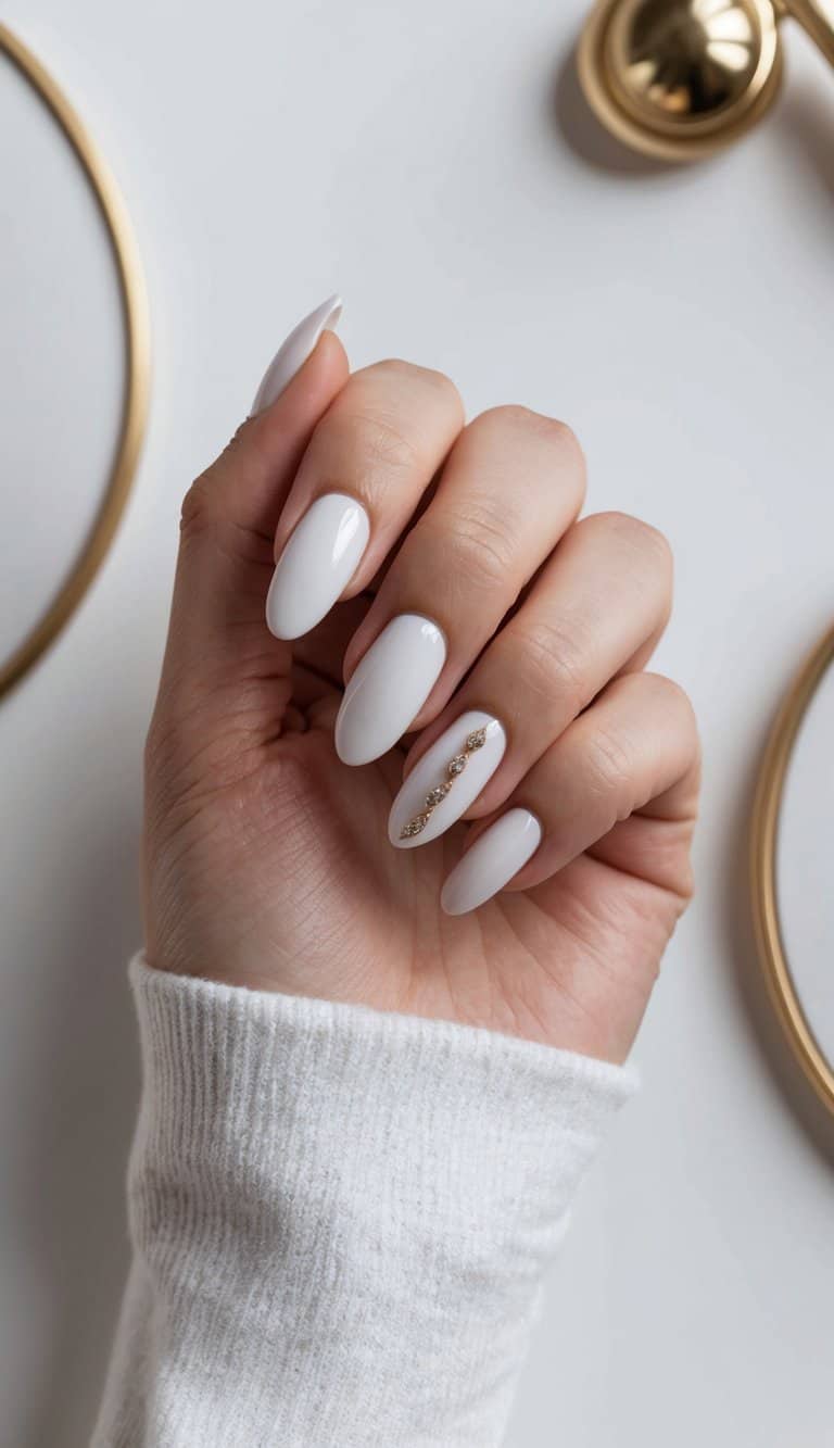 Elegant off-white nails in an almond shape with a single gold-accented detail, creating a chic and formal nail art design.
