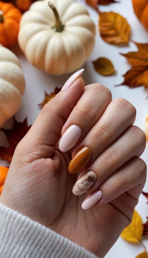 A hand showcasing fall nail art with soft pink and mustard tones, featuring a speckled pumpkin accent nail for a warm and rustic autumn aesthetic.