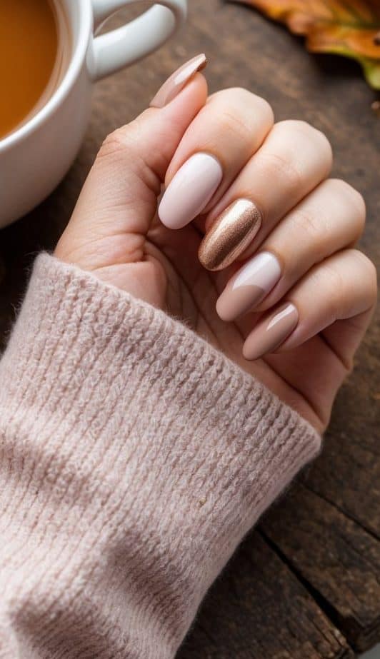 A hand showcasing fall nails with a mix of soft blush pink polish and a metallic gold accent nail, creating a warm and elegant seasonal look.