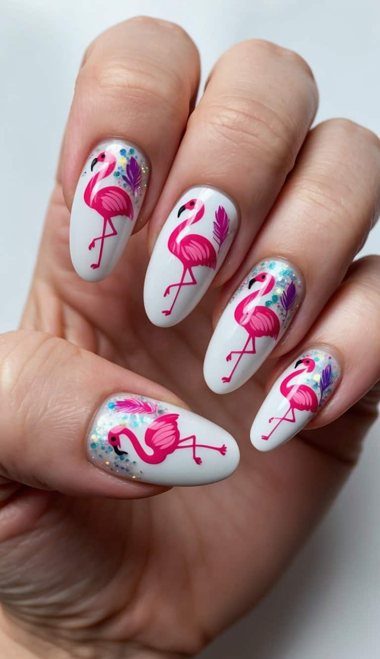A flock of flamingos with glittery feathers in a whimsical, girly nail art design