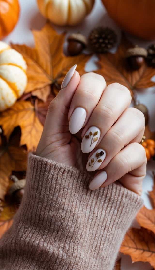 A close-up of an autumn-themed nail design featuring soft beige polish and intricate dried floral and leaf details, embodying fall elegance.