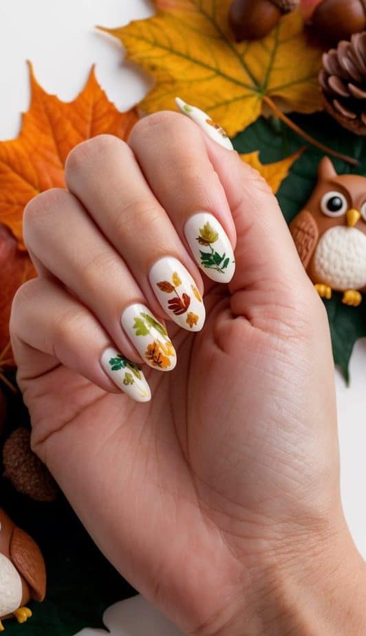 A cozy fall-inspired manicure with a white polish base and detailed autumn leaves in rich seasonal tones, surrounded by festive fall décor.