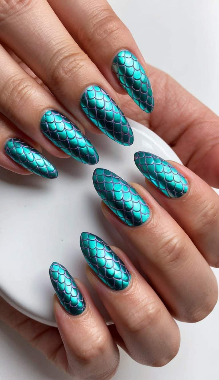 A close-up of metallic mermaid scales in girly nail art