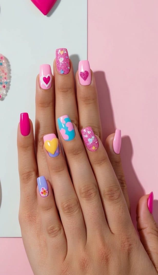 A colorful array of girly nail art designs, including hearts, flowers, and sparkles, displayed on a clean, pastel-colored background