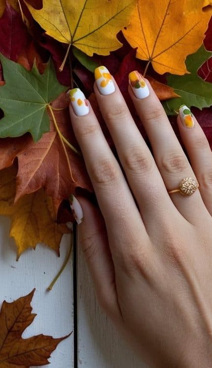 Close-up of a hand with fall-themed nail art, featuring white nails decorated with delicate orange and green leaves, against a backdrop of autumn foliage.