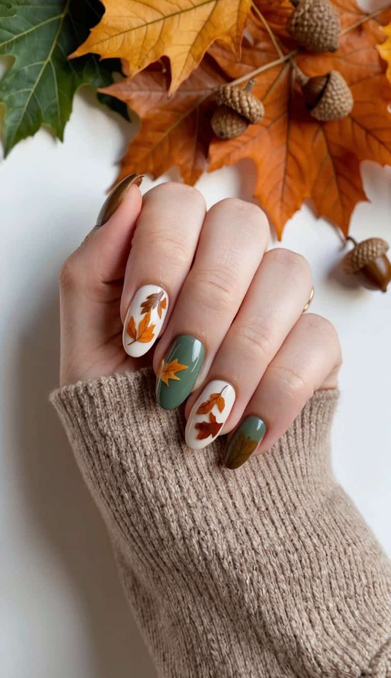 A hand with fall-themed nails featuring olive green and white polish, detailed with delicate autumn leaves in warm orange and brown, styled against a backdrop of acorns and autumn foliage.