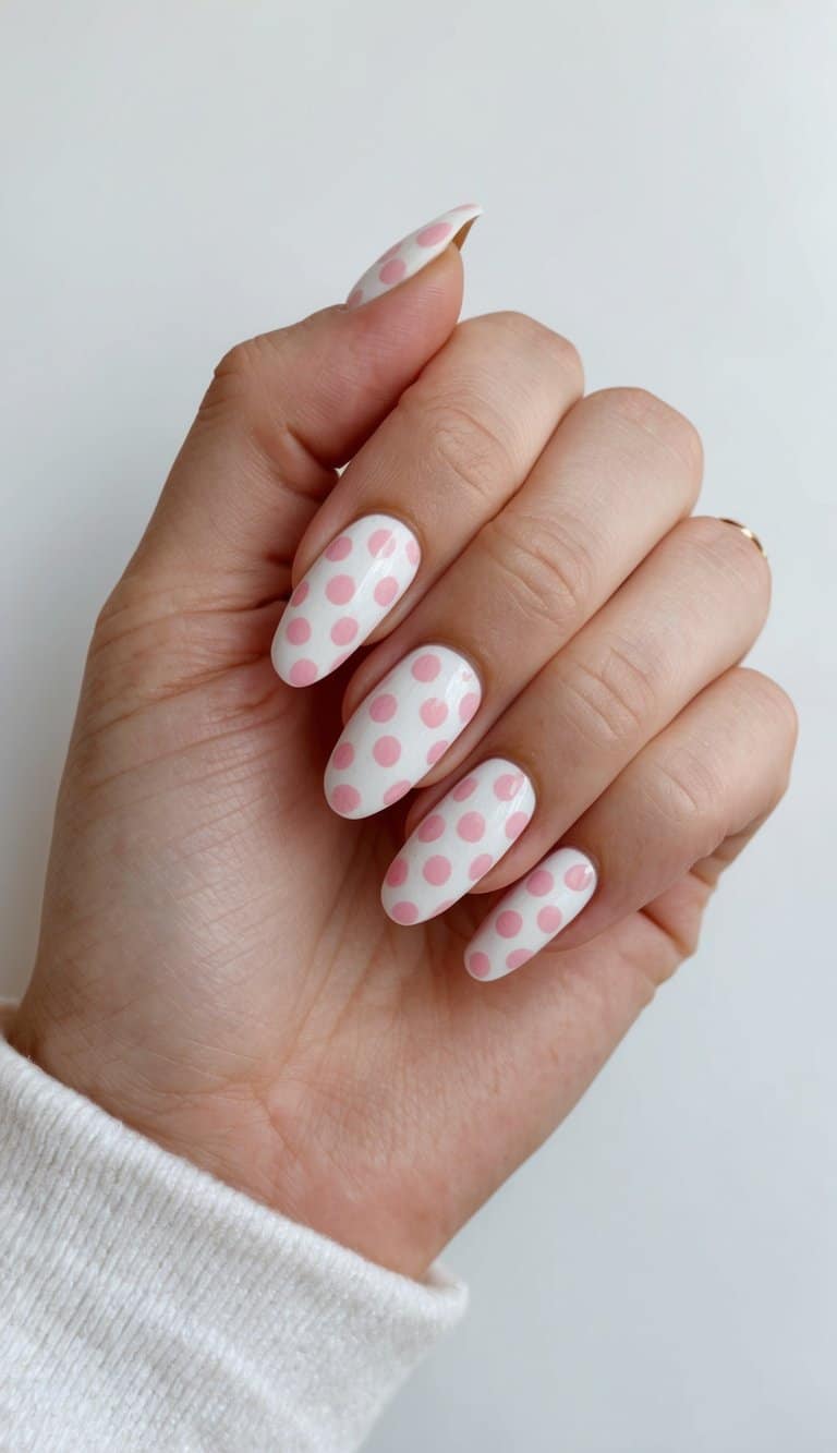 A vintage-inspired nail art design with pink polka dots on a white background