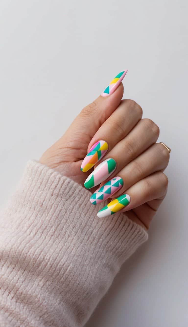 A collection of colorful geometric patterns arranged in a girly nail art display
