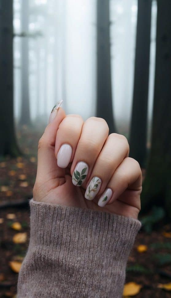 A hand with fall-inspired nail art featuring a neutral base and delicate green leaf designs, set against a foggy forest background.