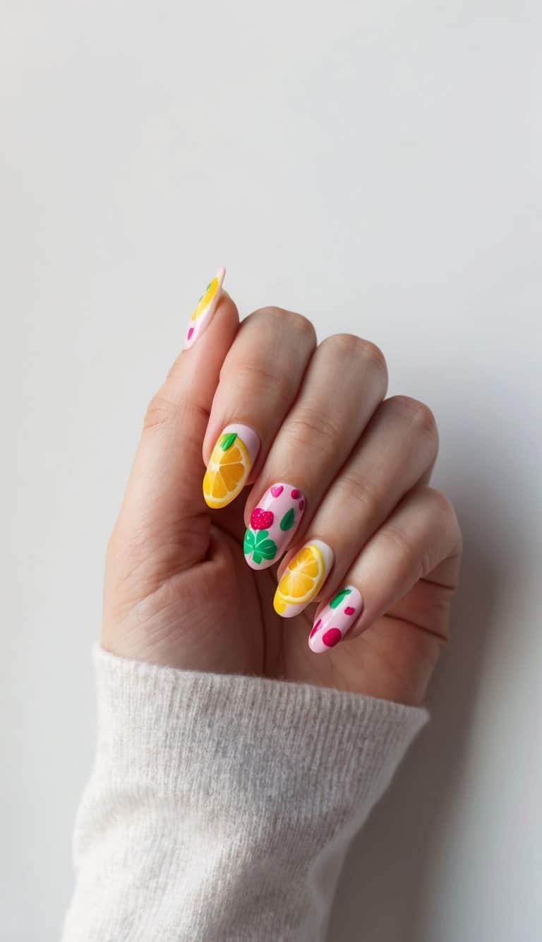 A colorful assortment of fruit motifs arranged in a playful, girly pattern for nail art inspiration