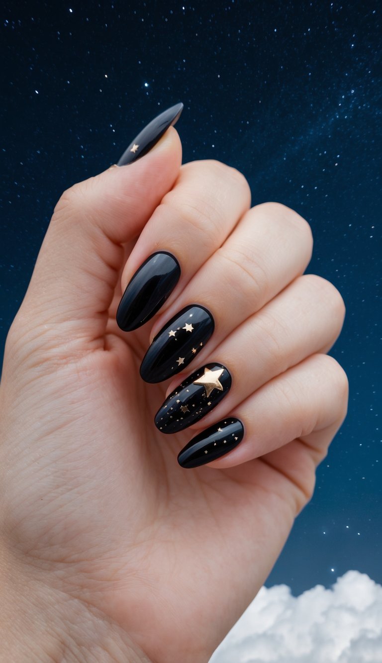 Deep black nails with scattered gold star details, creating a dreamy cosmic effect for emo-inspired nail art.
