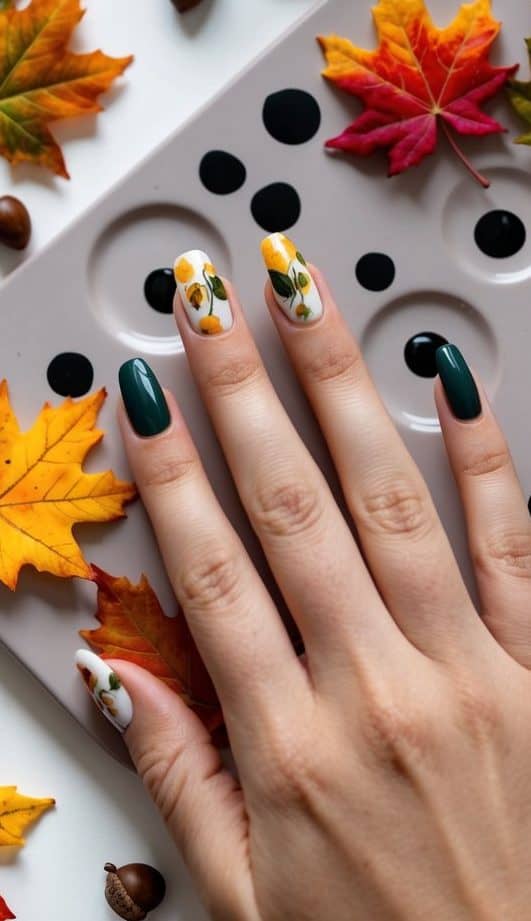 A hand with elegant fall-inspired nail art featuring deep green polish and delicate yellow floral accents, surrounded by pumpkins, autumn leaves, and acorns.