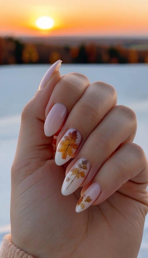 Hand displaying elegant fall nail art with delicate leaf patterns in amber and brown, against a scenic autumn sunset with snowy fields.