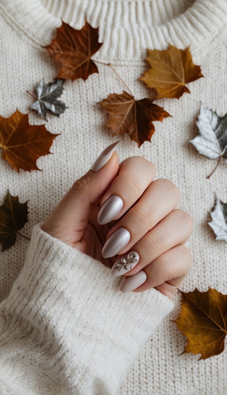 Chestnut and silver leaves falling onto a cozy sweater background
