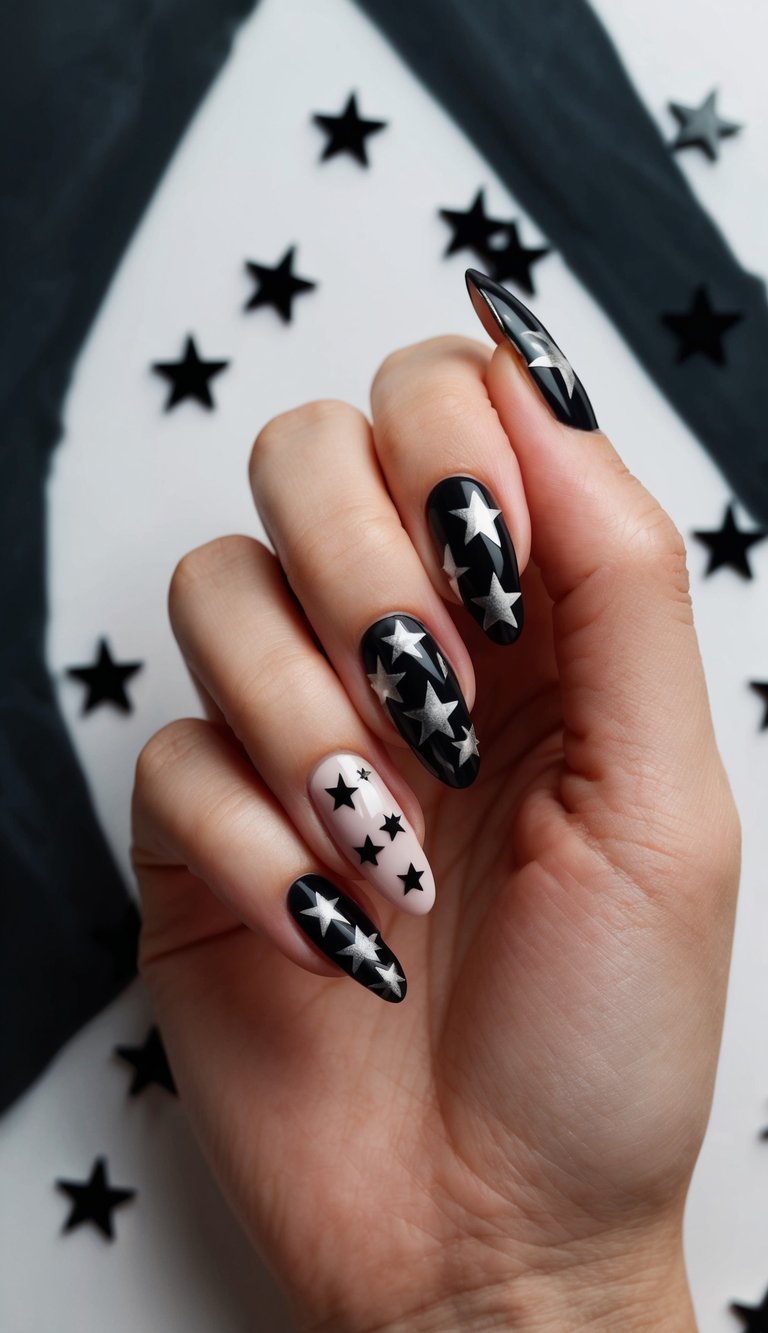 Matte black and nude nails with shiny silver and black star patterns—perfect for an edgy celestial-inspired design.