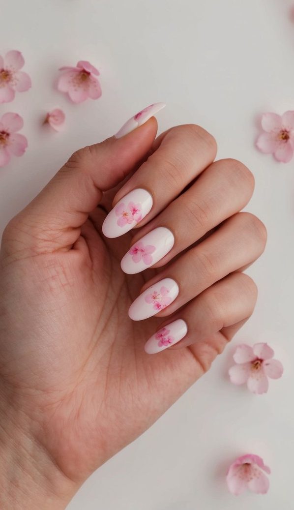 Pink cherry blossoms scattered on a soft pastel background