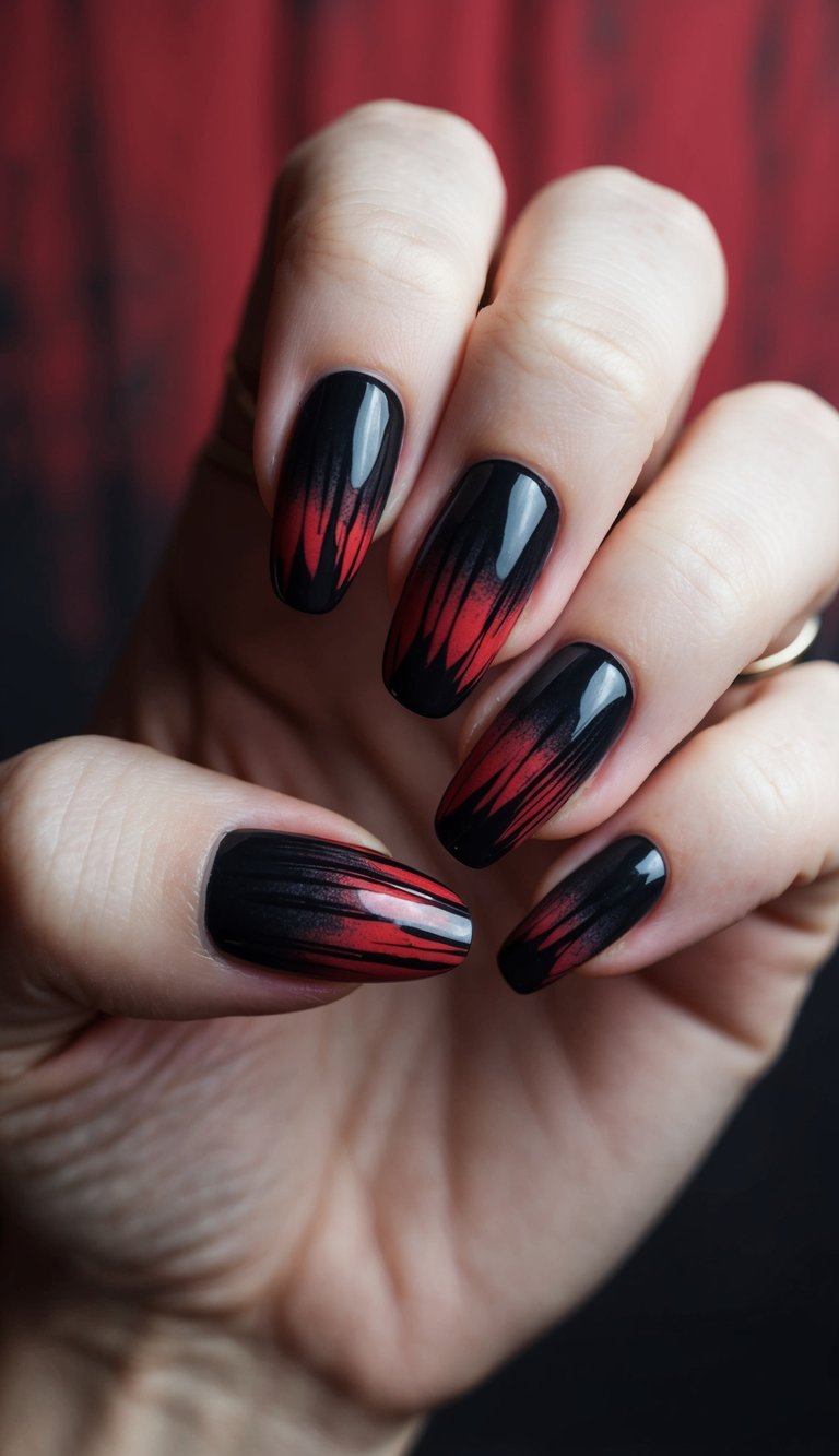 Moody black and crimson red emo nails with vertical brushstroke fade for a gothic-inspired look.
