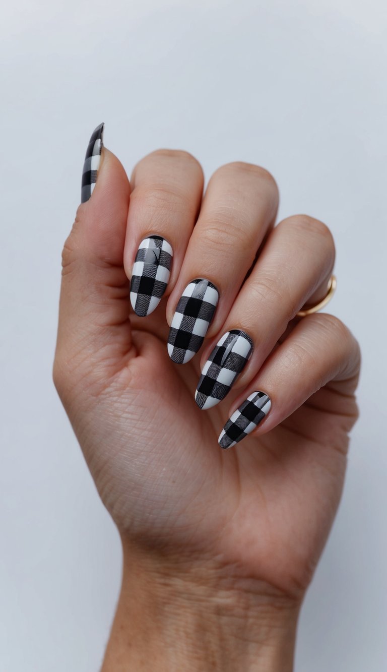 Black plaid patterns on nails, with edgy and bold designs