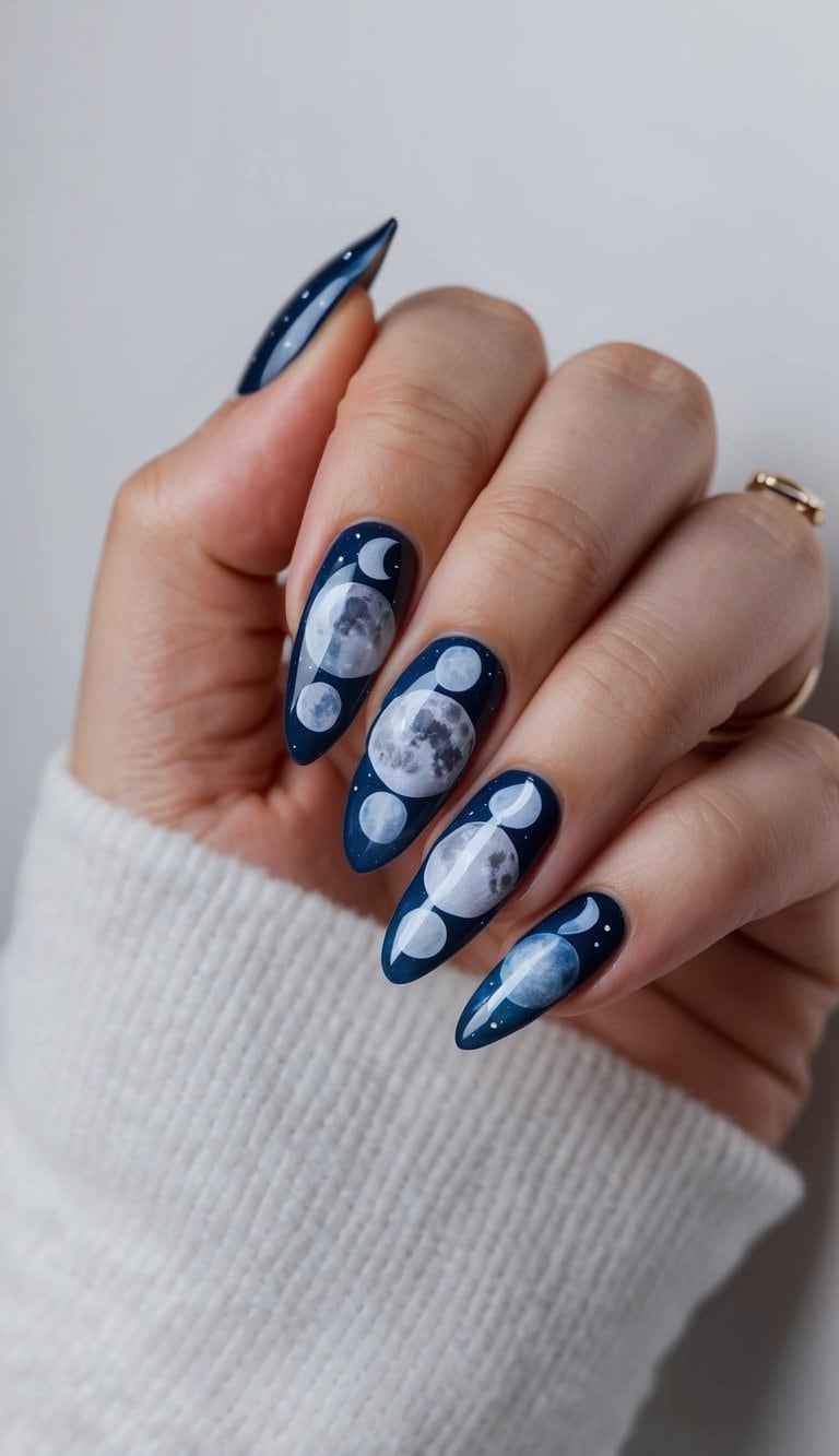 A mystical moon phases nail art design with feminine charm