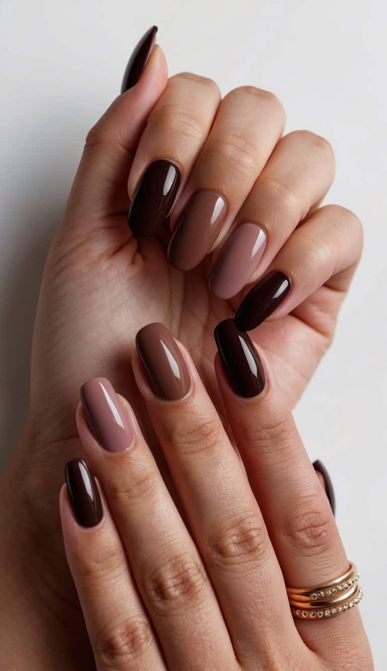 Rich dark chocolate shades of nail polish arranged in a feminine and charming display