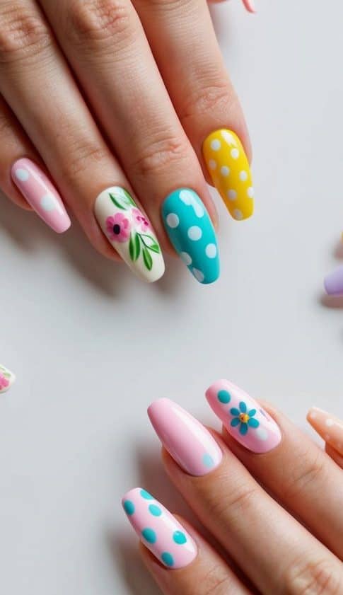A colorful array of girly nail art designs, including polka dots, flowers, and pastel colors, arranged on a clean, white surface