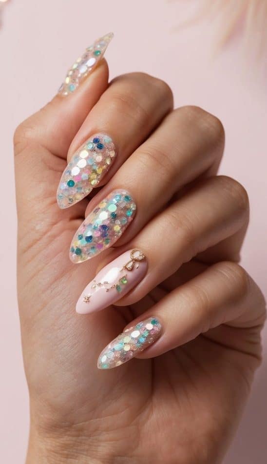 A close-up of sparkling sequins and girly nail art designs on a pastel background