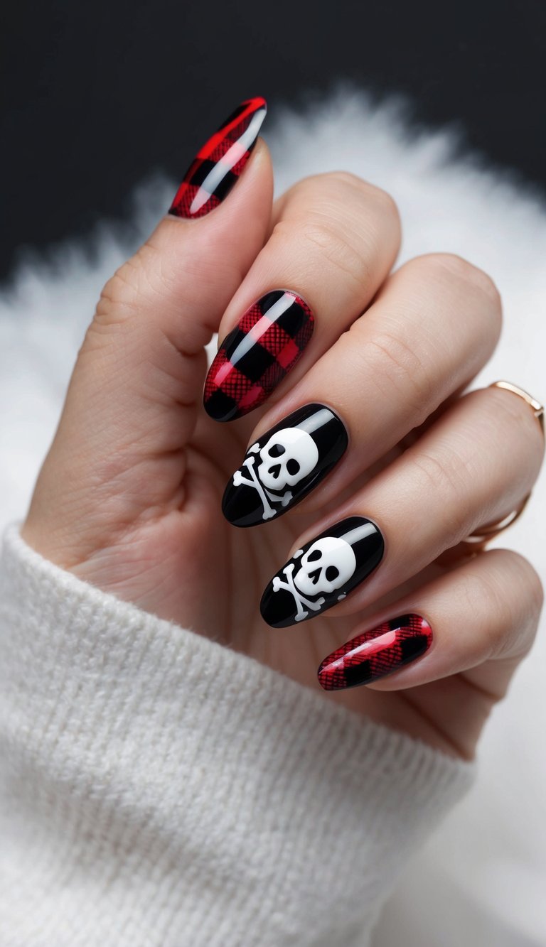 Red plaid and black nails featuring white skull art for a rebellious, emo-punk nail design.