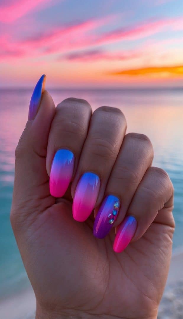 A serene sunset over a tranquil beach, with vibrant gradients of pink, purple, and orange reflecting on the water