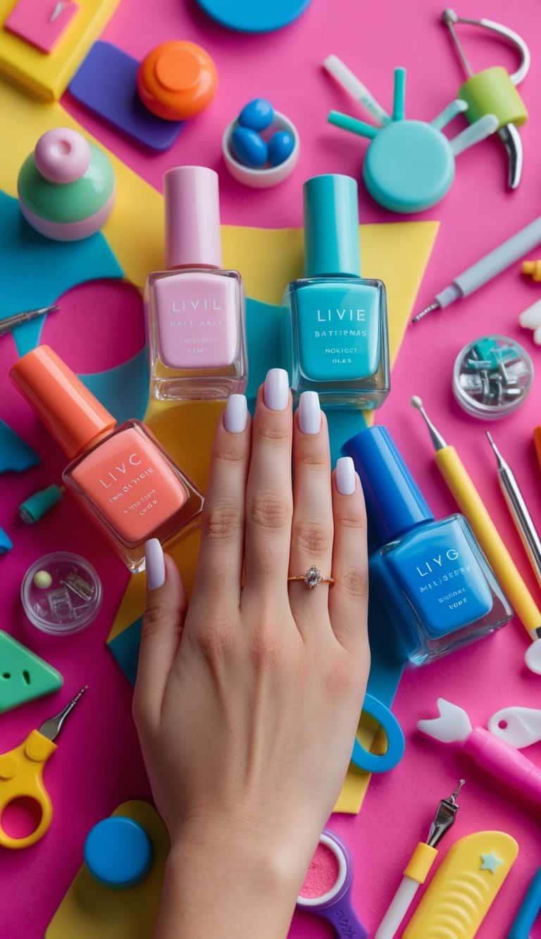 Colorful nail polish bottles arranged on a vibrant background, surrounded by playful nail art tools and accessories