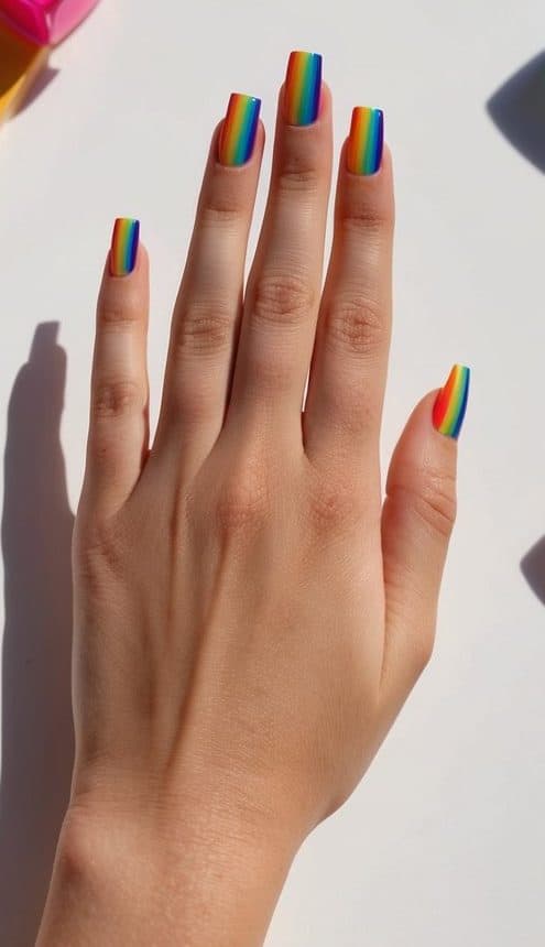 Vibrant rainbow ombre nail tips displayed on a clean, white surface with colorful nail polish bottles scattered around