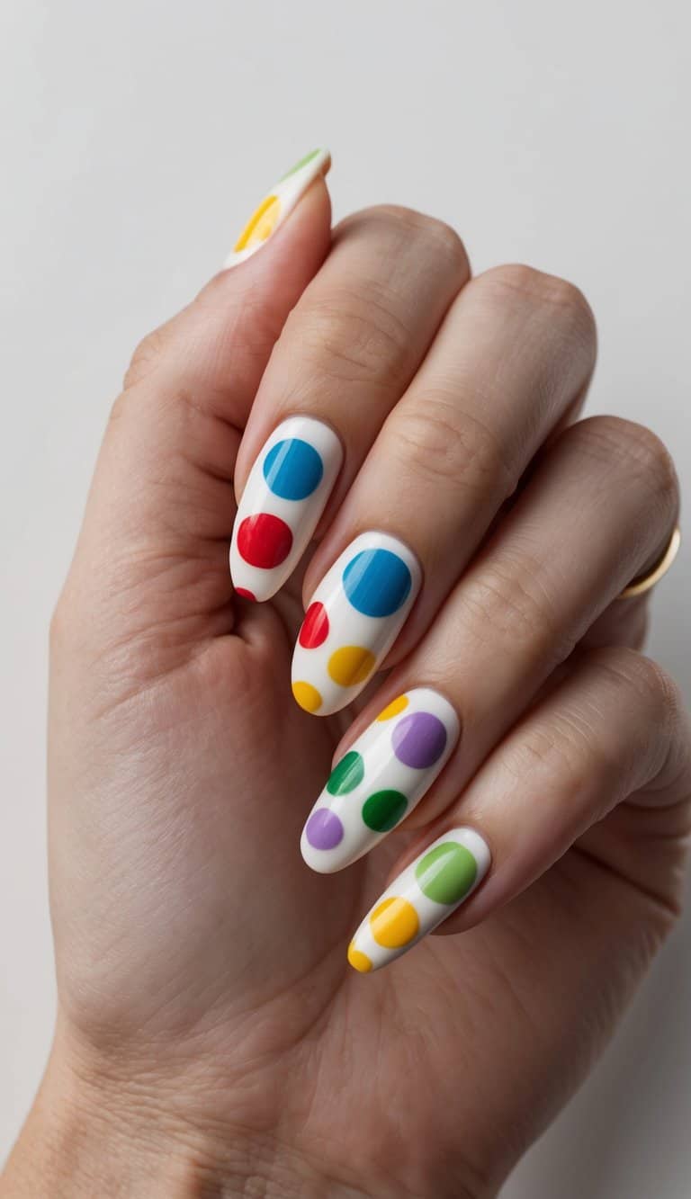 A colorful array of vintage polka dots in various sizes and colors, arranged in a playful and creative nail art design