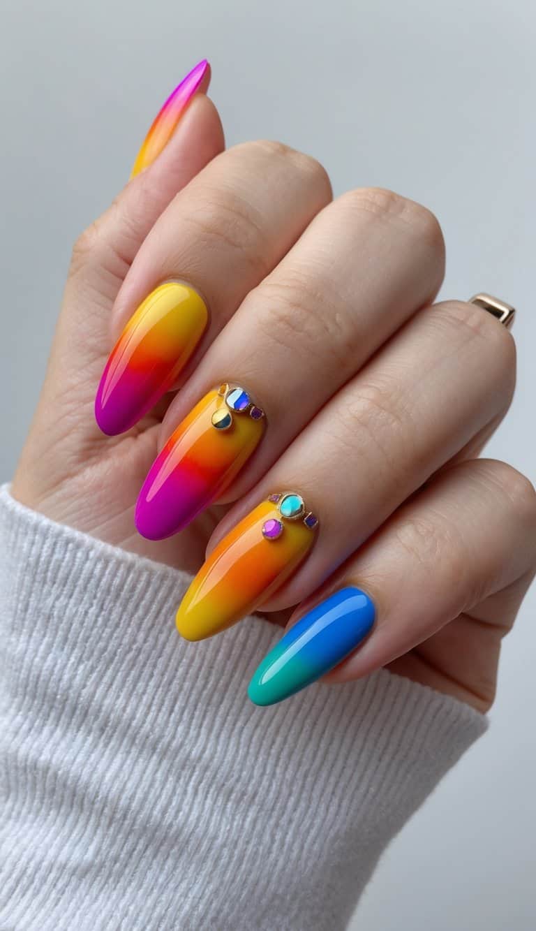 A colorful sunset ombre nail design with vibrant hues blending together in a playful and artistic pattern