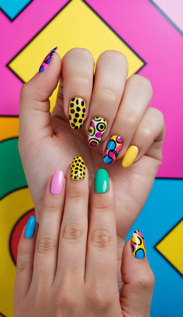 A colorful array of pop art-inspired nail designs displayed on a vibrant background