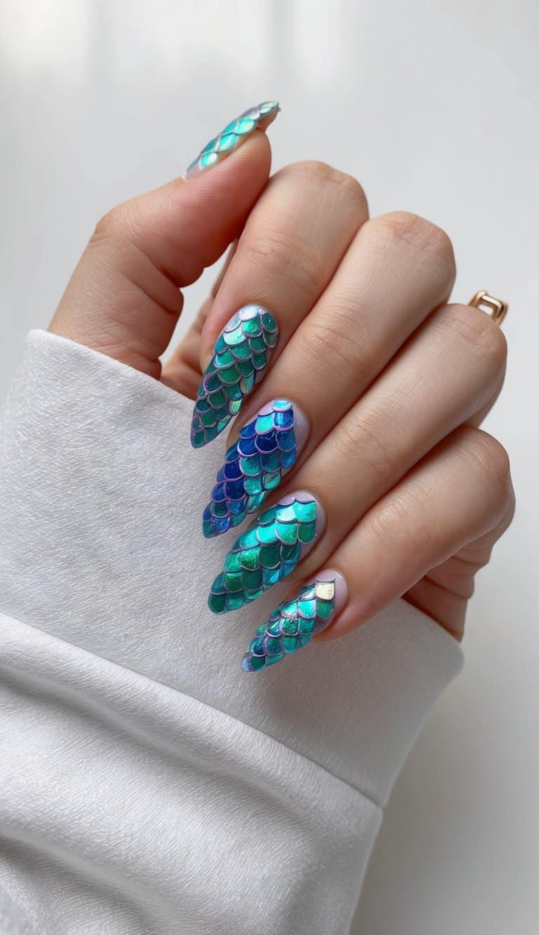 Shimmering mermaid scales in various colors and patterns, arranged in a playful and creative nail art design