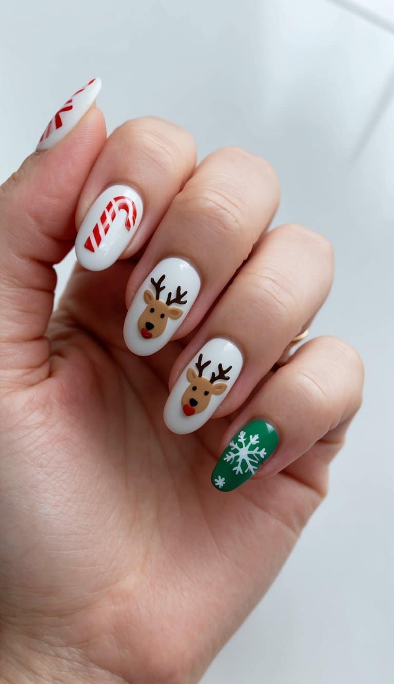 A festive nail art design featuring playful holiday-themed elements such as snowflakes, candy canes, and reindeer