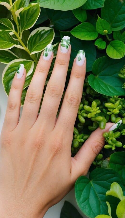 Glossy white nails with soft green leaf details, adding a vibrant and nature-inspired aesthetic.