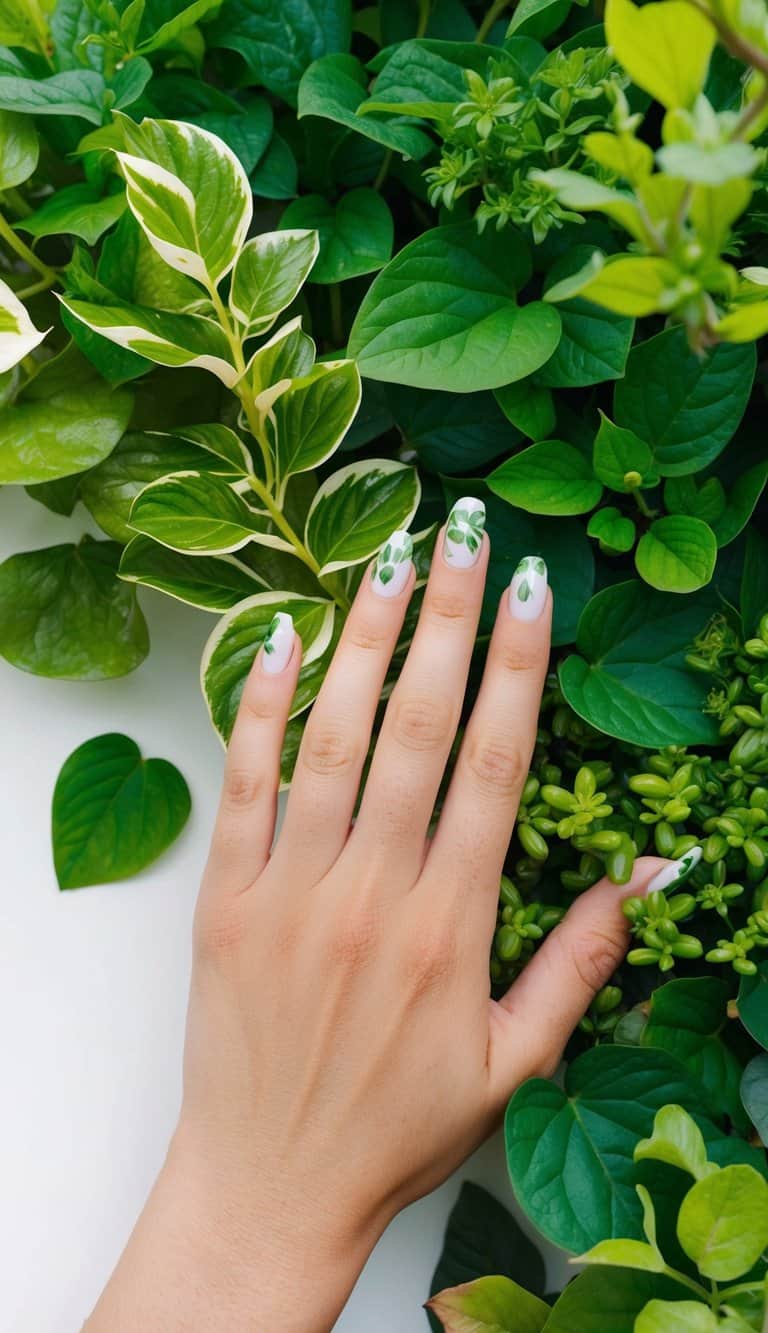 A lush green garden with various shades of green foliage and flowers, creating a serene and refreshing atmosphere