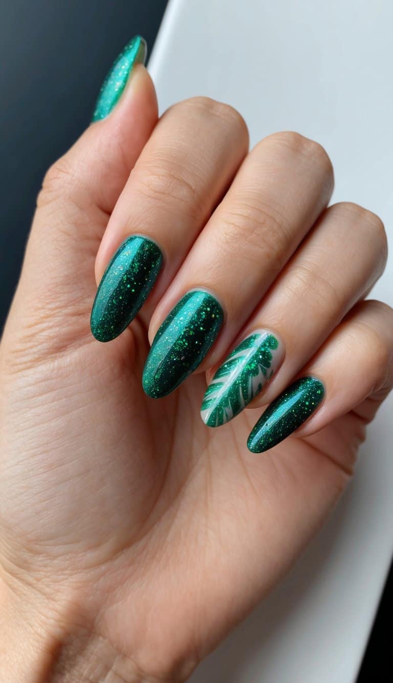 Emerald green glitter nails with a tropical leaf accent on a nude base, adding a stylish contrast.