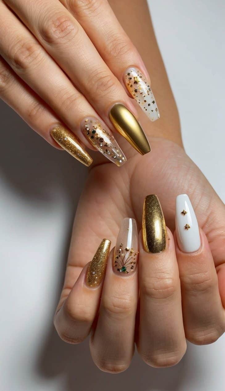 Golden tips of various nail designs glistening under bright lights