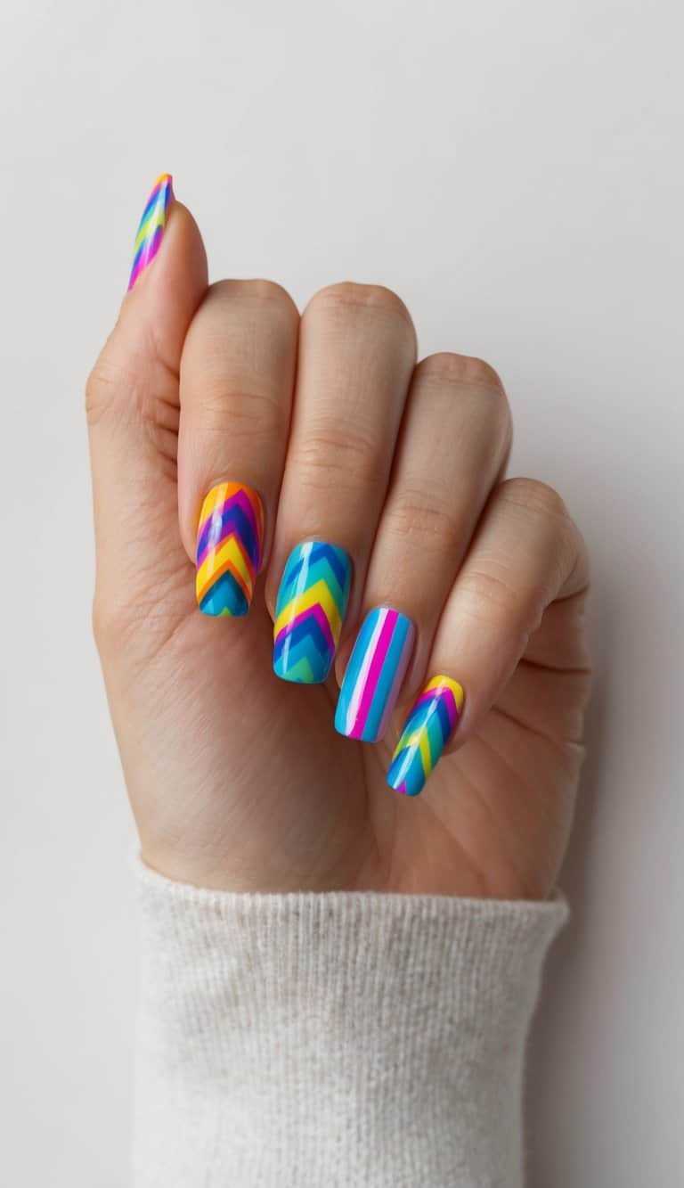 Vibrant zigzag lines in various colors and sizes creating a playful and funky nail art design