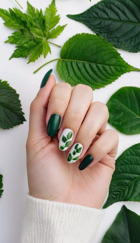 Deep forest green nails with white accent nails decorated with soft green leafy designs, evoking a botanical feel.