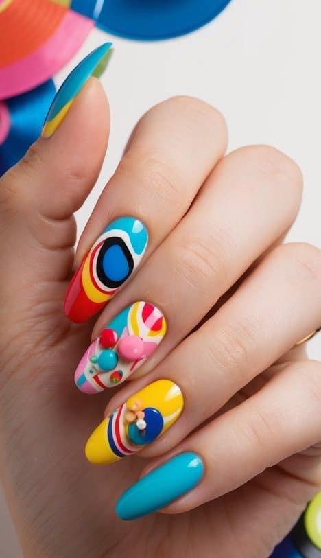 A retro-inspired nail art scene with colorful vinyl records as the focal point, surrounded by playful and fun design elements