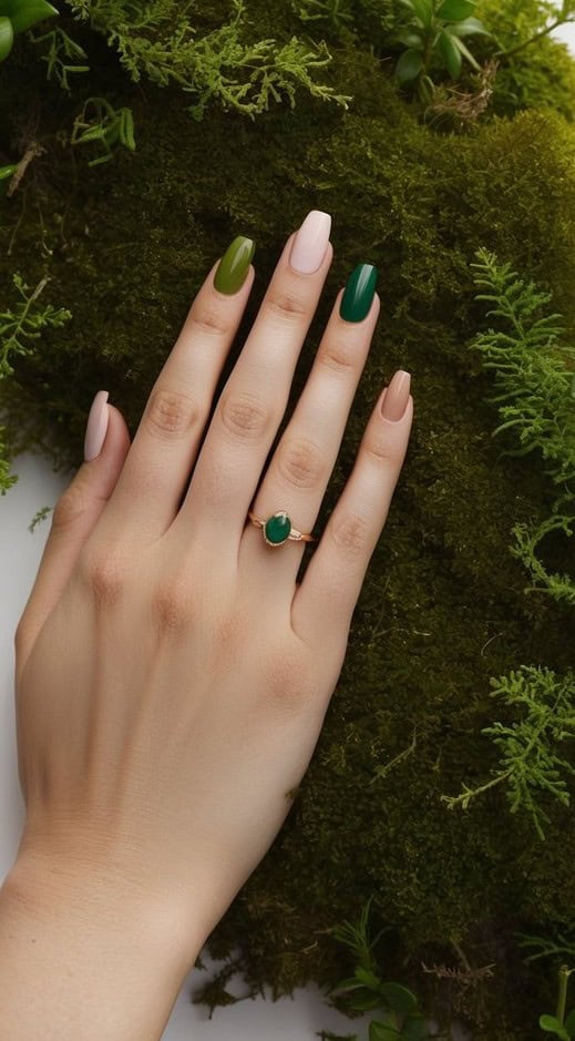 Stylish nail design with emerald green, olive, and neutral tones, creating a fresh and earthy-inspired manicure.