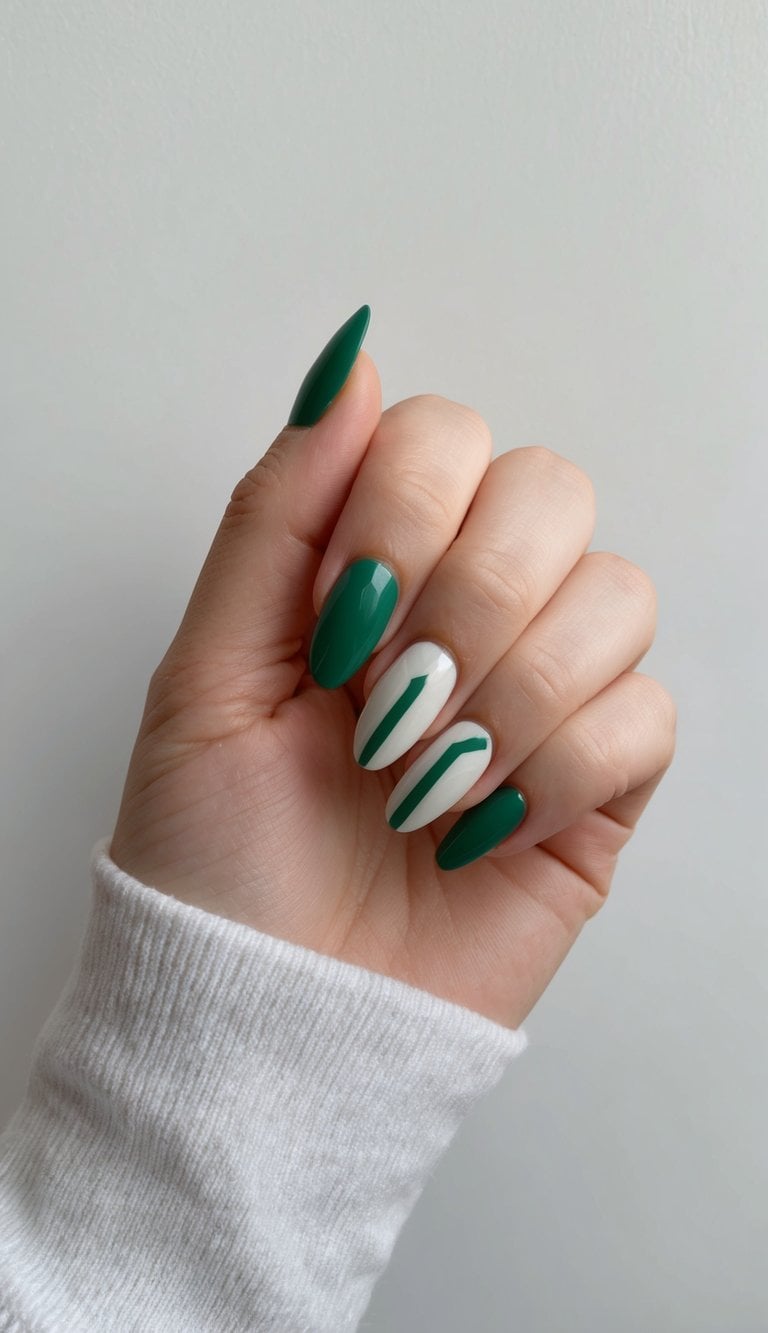 Dark evergreen nails paired with white accent nails featuring abstract vertical green stripes for a modern minimalist manicure.